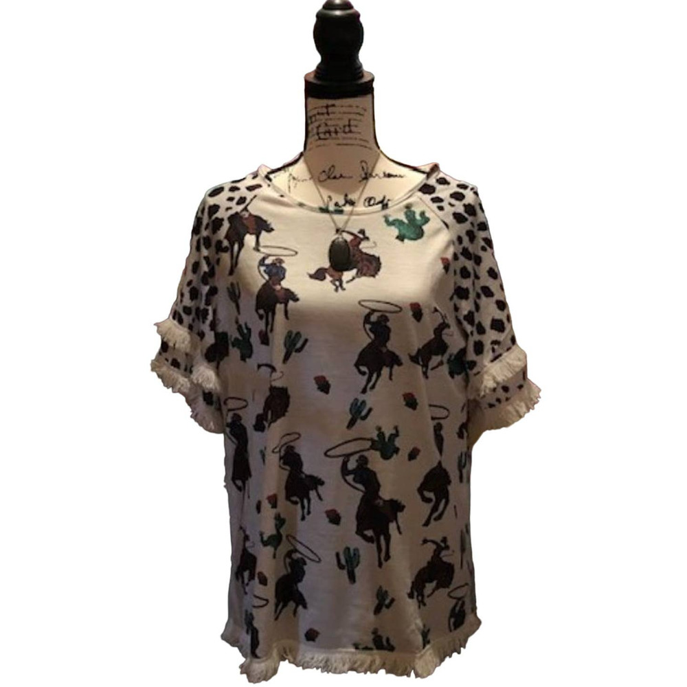 Western Theme Short Sleeve Tee White w/Leopard Print Sleeves NWOT - Picture 2 of 3